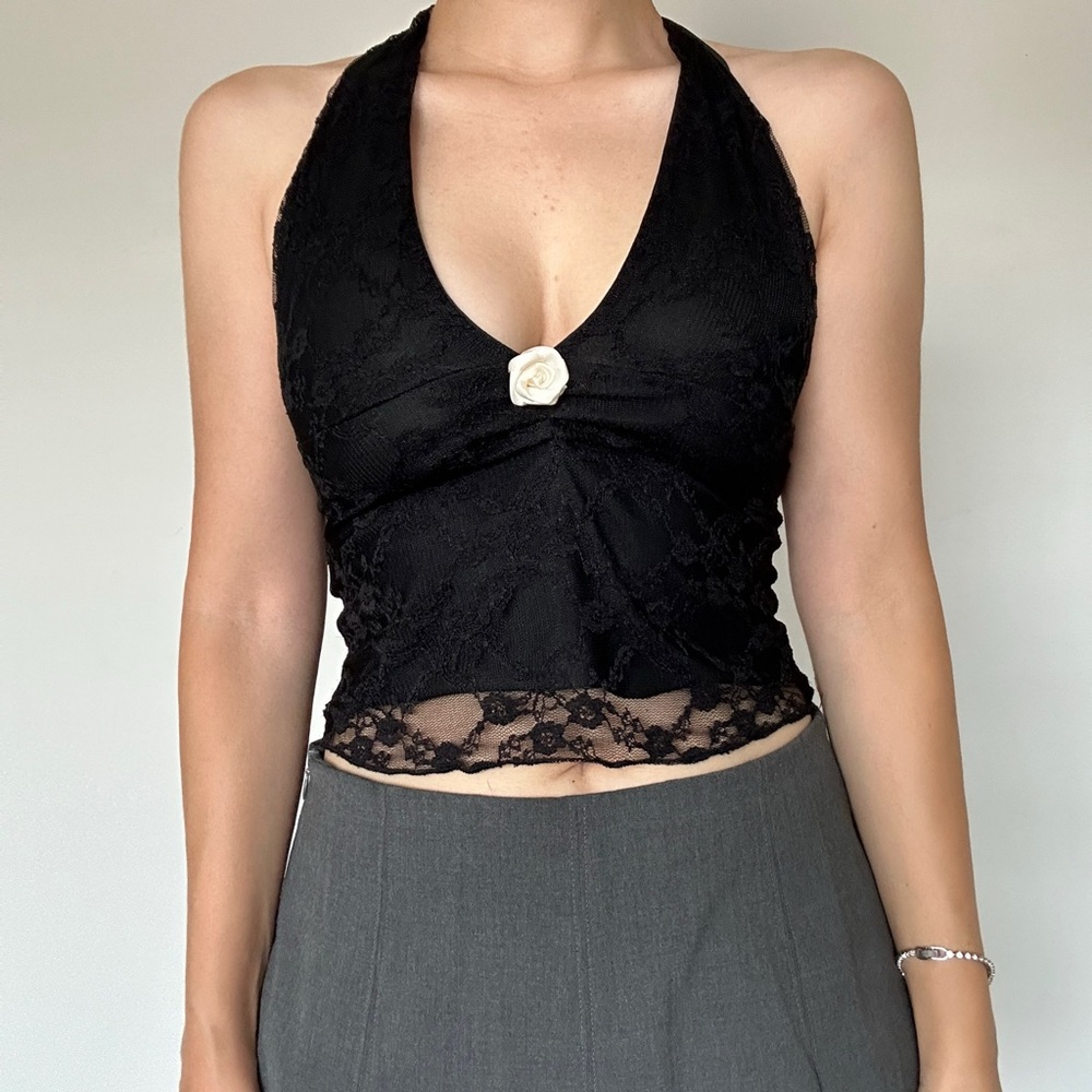 Black Lace Halter Top with White Rose Detail